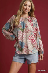 Umgee Boho Feather Print Peasant Blouse BROWN MIX OutfitFlow